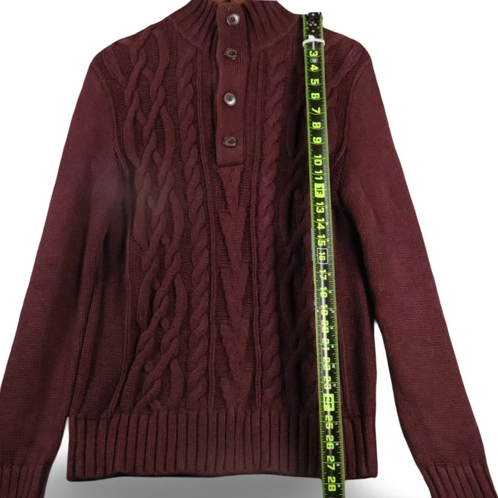 Banana Republic Men's Burgundy Cable Knit Mock Neck Henley Sweater S 100% Cotton